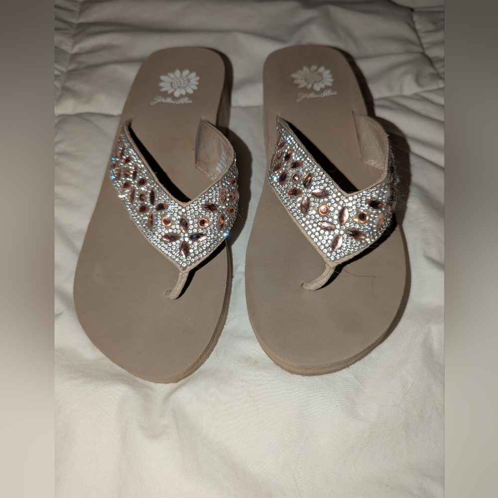 Yellow Box Tan and Silver Sandals with Rhinestone Embellishments